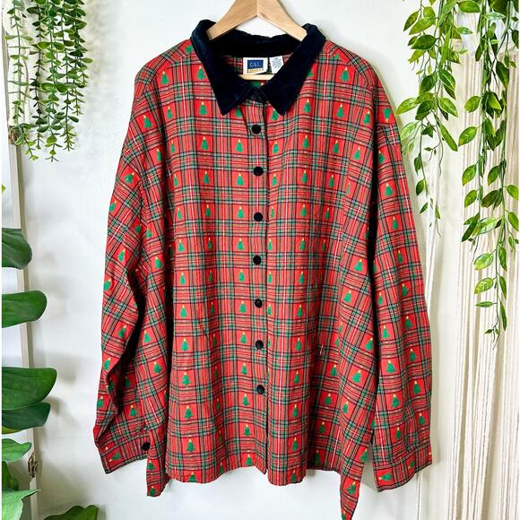 VTG Retro Embroidered Xmas Tree Red Plaid Velour Collared Novelty Dad Shirt 5XL - Picture 1 of 15